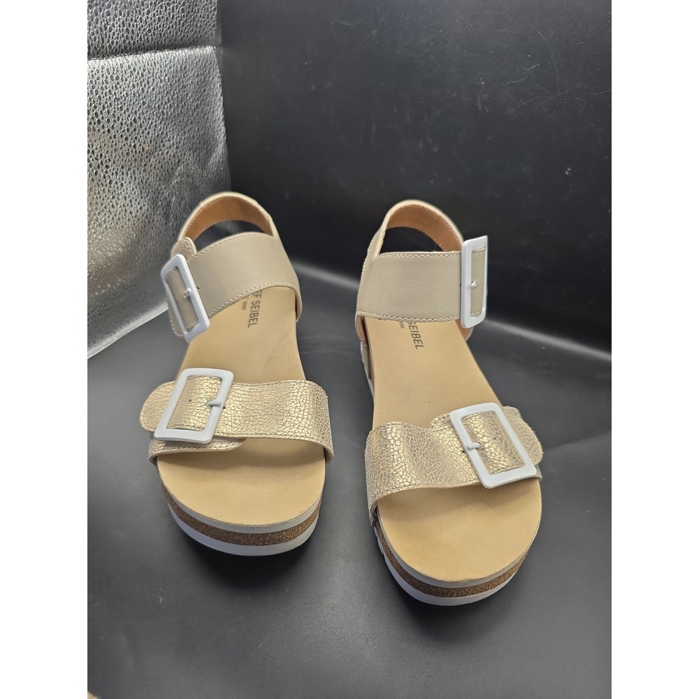 Josef Seibel Sandals Womens 39 Beige Gold Leather Buckle Cork Platform Wedge US9